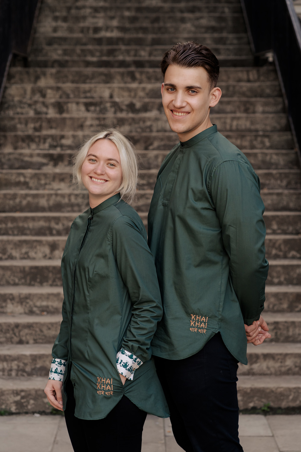Uniform design for Indian Restaurant, deep green in colour with print on cuff
